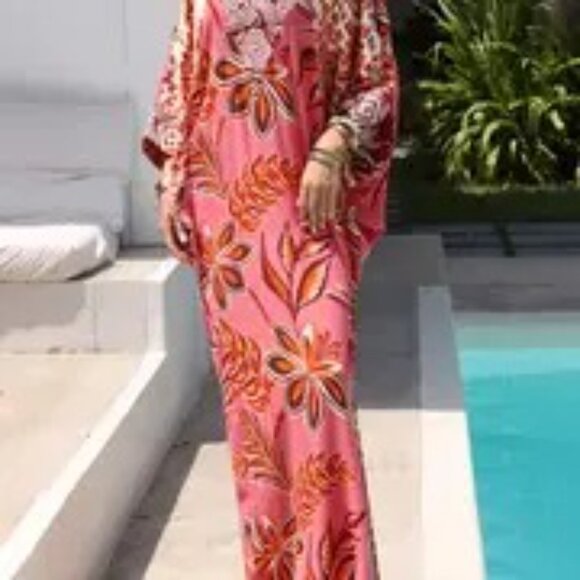 Bohemia Flow Dashiki Ramadan Pattern Batwing Sleeve Caribbean Vaca Kaftan Dress - Picture 1 of 12